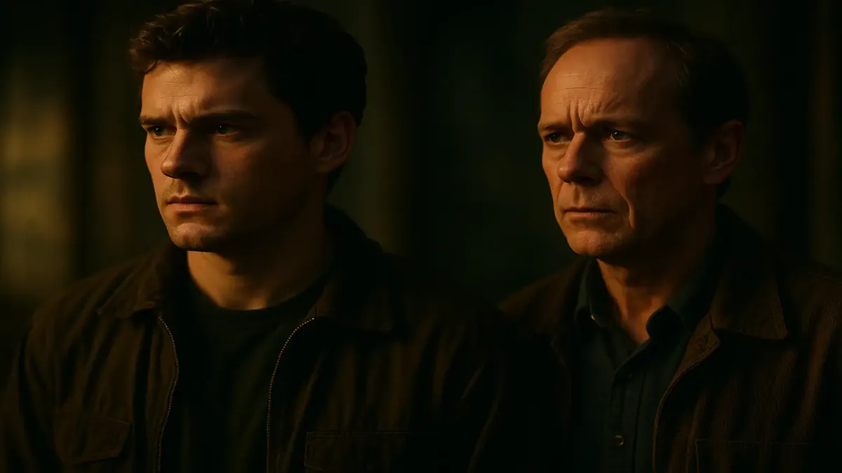 Cinematic scene of two men named Kevin, showcasing their contrasting lives and experiences in a vibrant city setting.