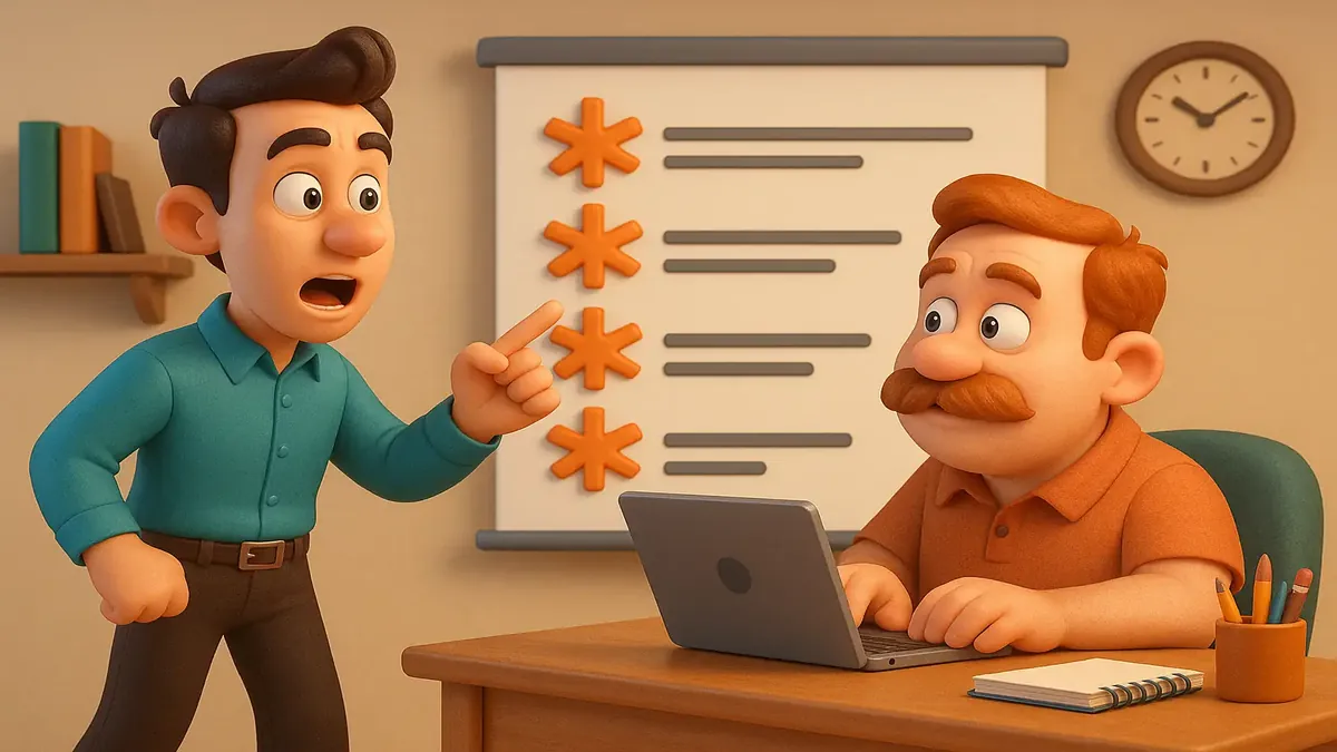 Cartoon-style illustration of a PowerPoint presentation with asterisks before each bullet point.