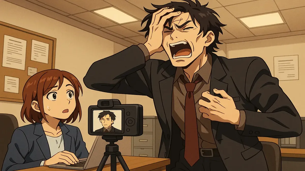 Anime illustration depicting a frustrated character facing absurd challenges at a desk job.