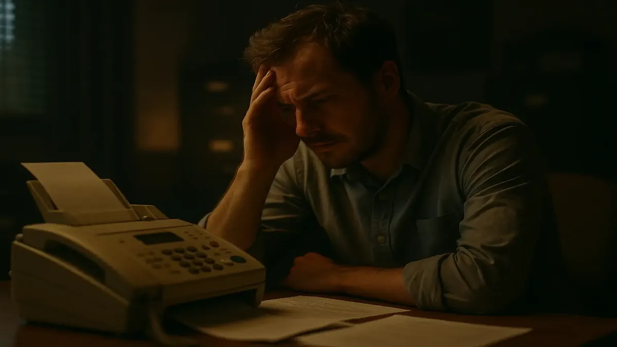 Frustrated customer struggling with long-distance faxing issues, depicting a cinematic scene of frustration.