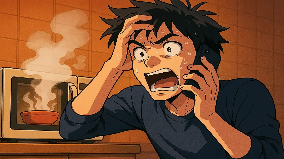 Anime illustration of a person surprised by a scam call about tech support, reflecting caution and awareness.