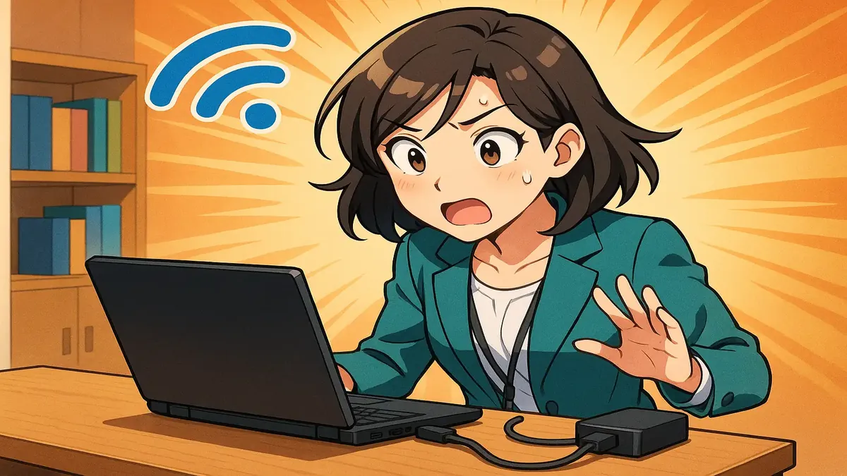 Anime illustration of a frustrated office worker experiencing slow internal WiFi issues with a laptop and dock setup.