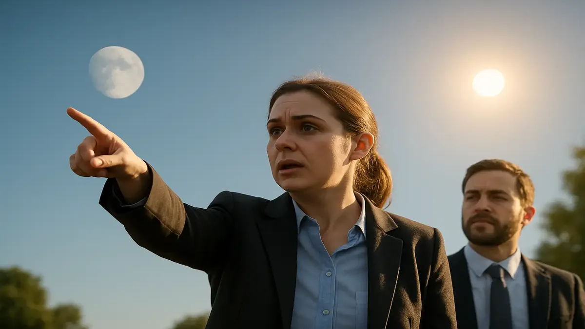 Lady Kevin confused between the gibbous moon and the blazing sun in a clear blue sky during a morning walk.