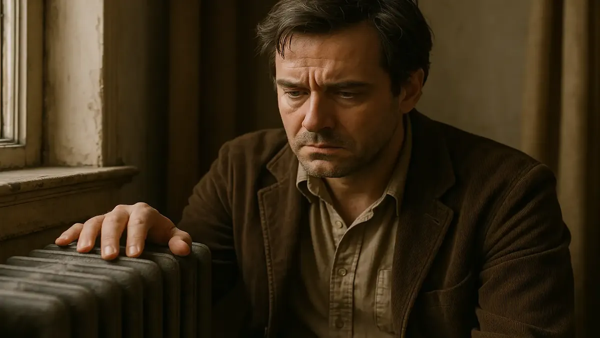 Cozy hotel lobby with festive New Year's Eve decorations, showcasing a warm yet worn atmosphere.