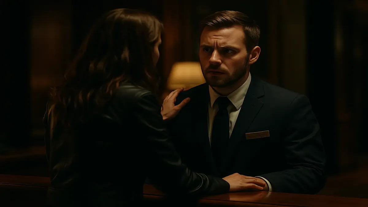 Woman at front desk looking surprised by an overly familiar guest in a cinematic hotel setting.