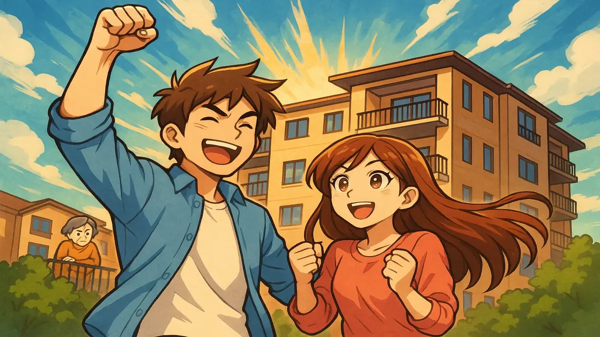 Anime-style illustration of a cozy condo community reflecting the transition from house to condo living.