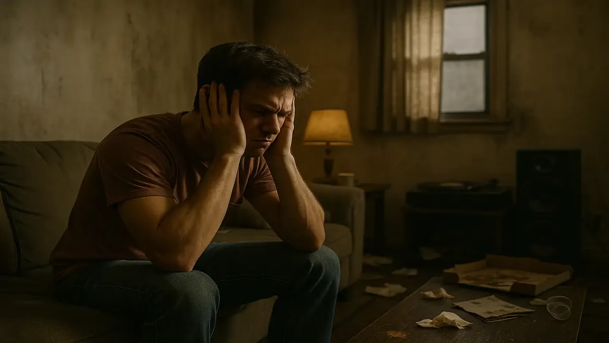 Frustrated young adult in an apartment, overwhelmed by loud music from neighbors below in 1990.