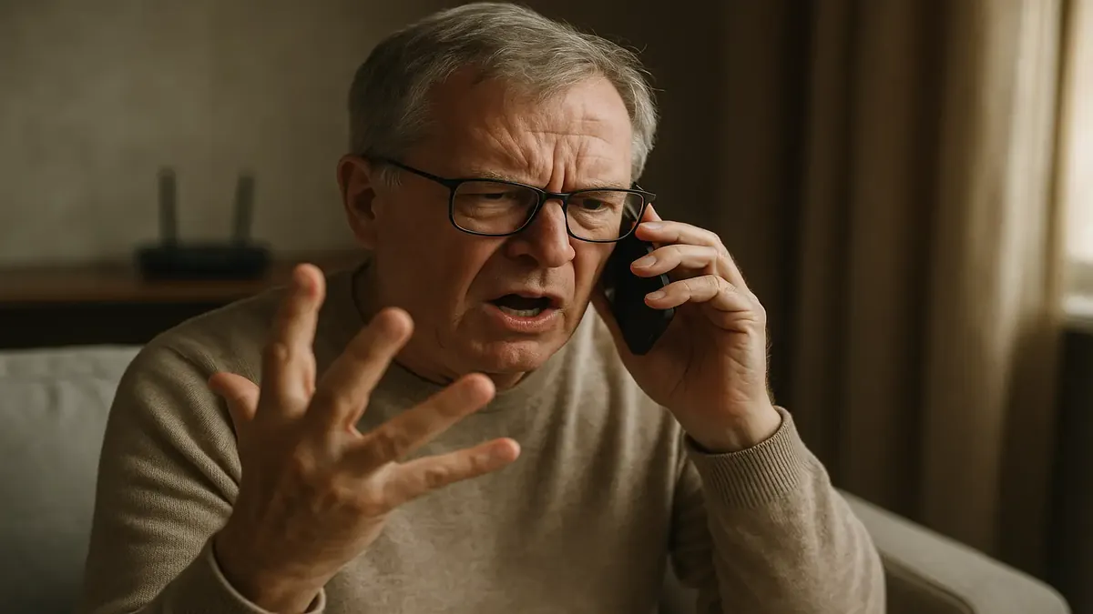 Frustrated guest on phone, confused about WiFi issues while using a smartphone in a cozy living room.