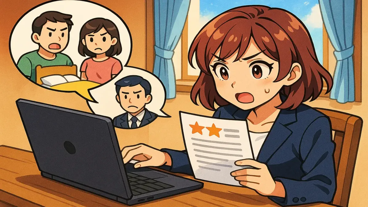 Anime illustration of third-party guests discussing their reviews and management response to booking issues.