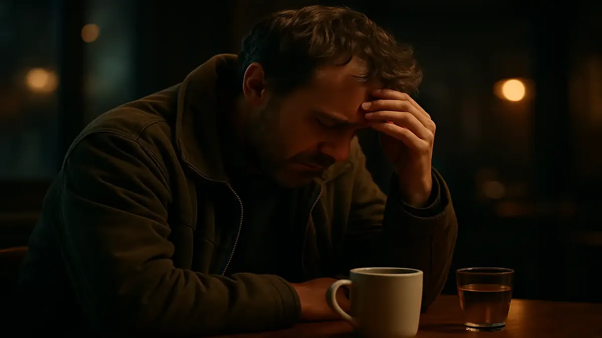 Cinematic scene depicting a winter landscape outside a three-star hotel, evoking feelings of exhaustion and struggle.