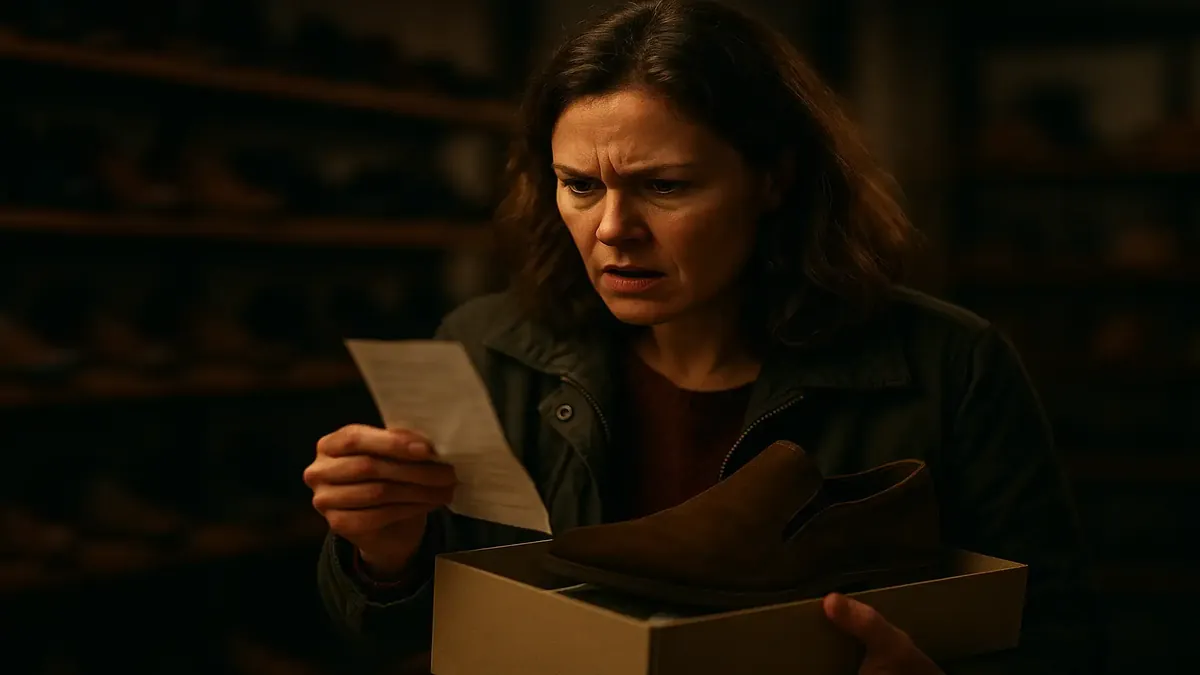 Customer returning shoes, showing frustration over pricing, with cinematic lighting highlighting the scene.