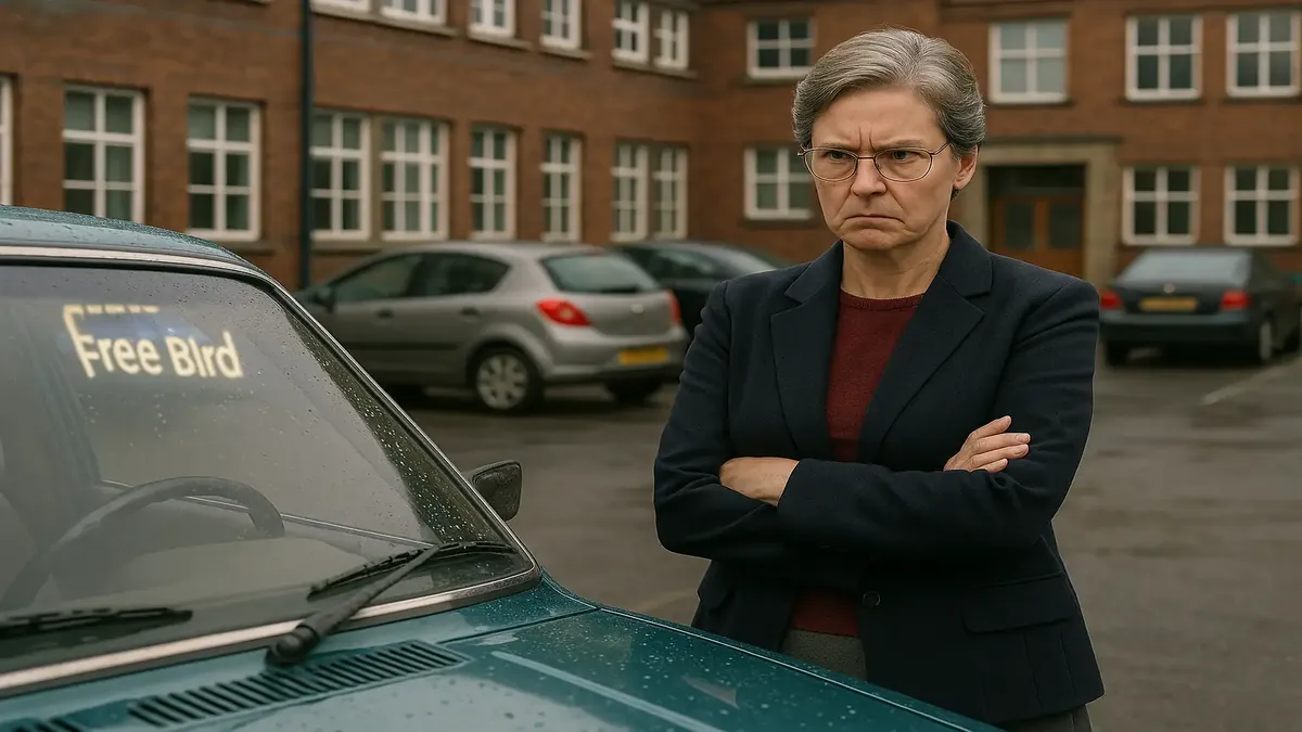 High school parking lot scene with a car playing music, reflecting a memorable teacher training moment.
