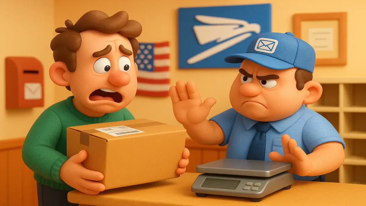 Cartoon 3D illustration of a frustrated customer at a post office with a misweighed package.