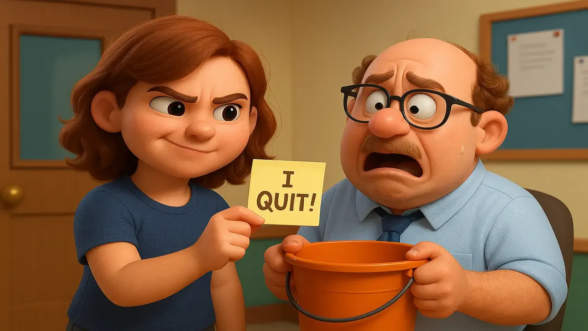 Cartoon-style illustration of a frustrated woman leaving a note in a bucket, symbolizing workplace conflict.