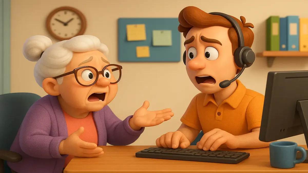 Cartoon-3D illustration of a frustrated call center agent struggling with password management.