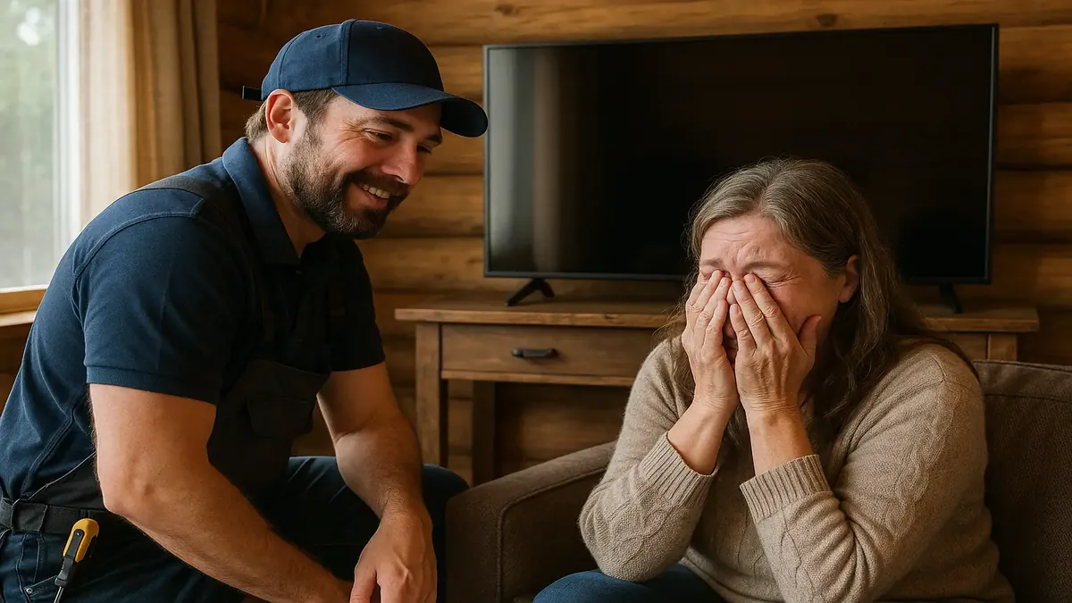 Customer emotional after TV setup in AirBnB cabin, showcasing a heartfelt moment of service and satisfaction.