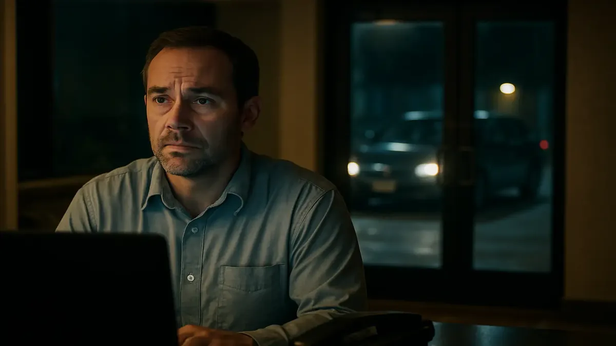 Night auditor observes suspicious car in hotel parking lot, highlighting safety concerns in urban areas.