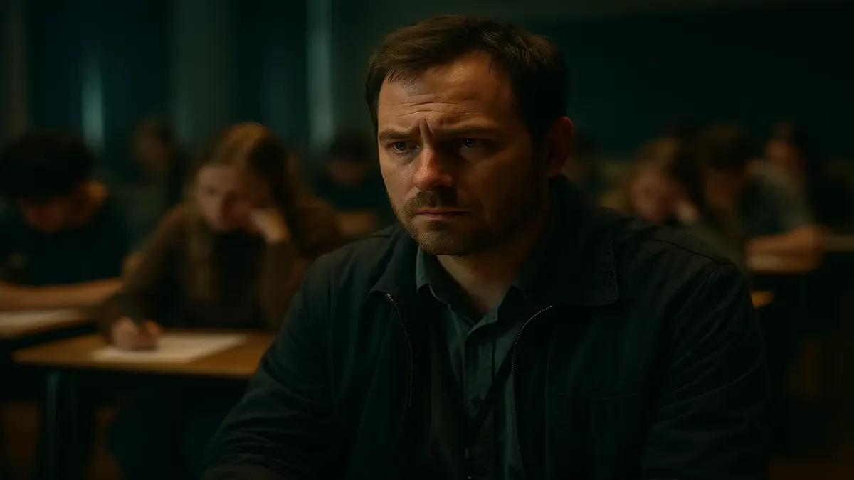 IT technician in an educational setting troubleshooting technology during exams, cinematic style image.