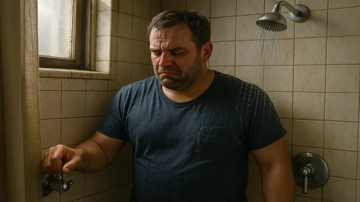 Neighbors sharing a water line in an old house with a tired worker needing a hot shower after a long day.