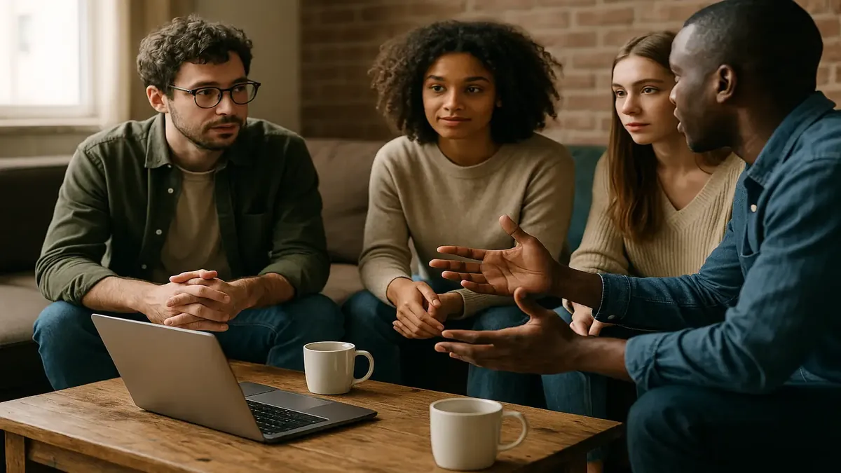 Photorealistic image of people engaging in lively conversation, perfect for a community discussion thread.