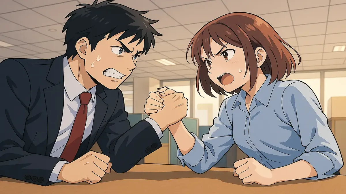 Anime illustration of a man in a suit and tie, reflecting a toxic work environment from the blog post 