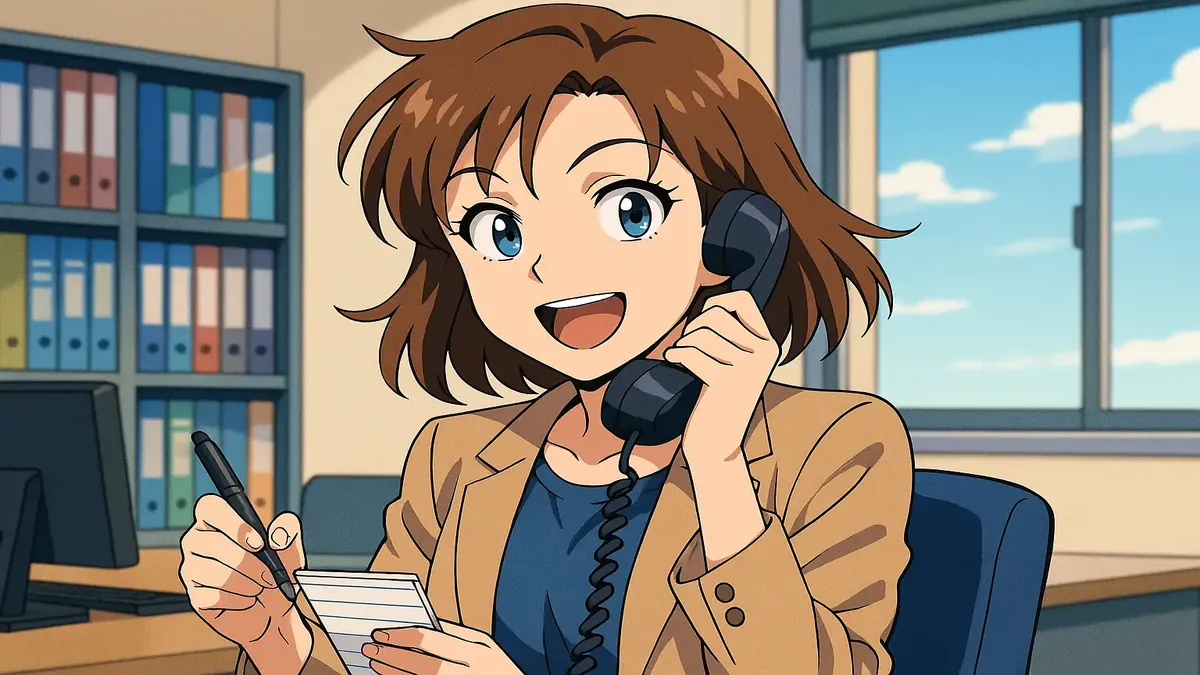 Anime illustration of a quirky support line scene with a character answering a call, inspired by MacGyver.
