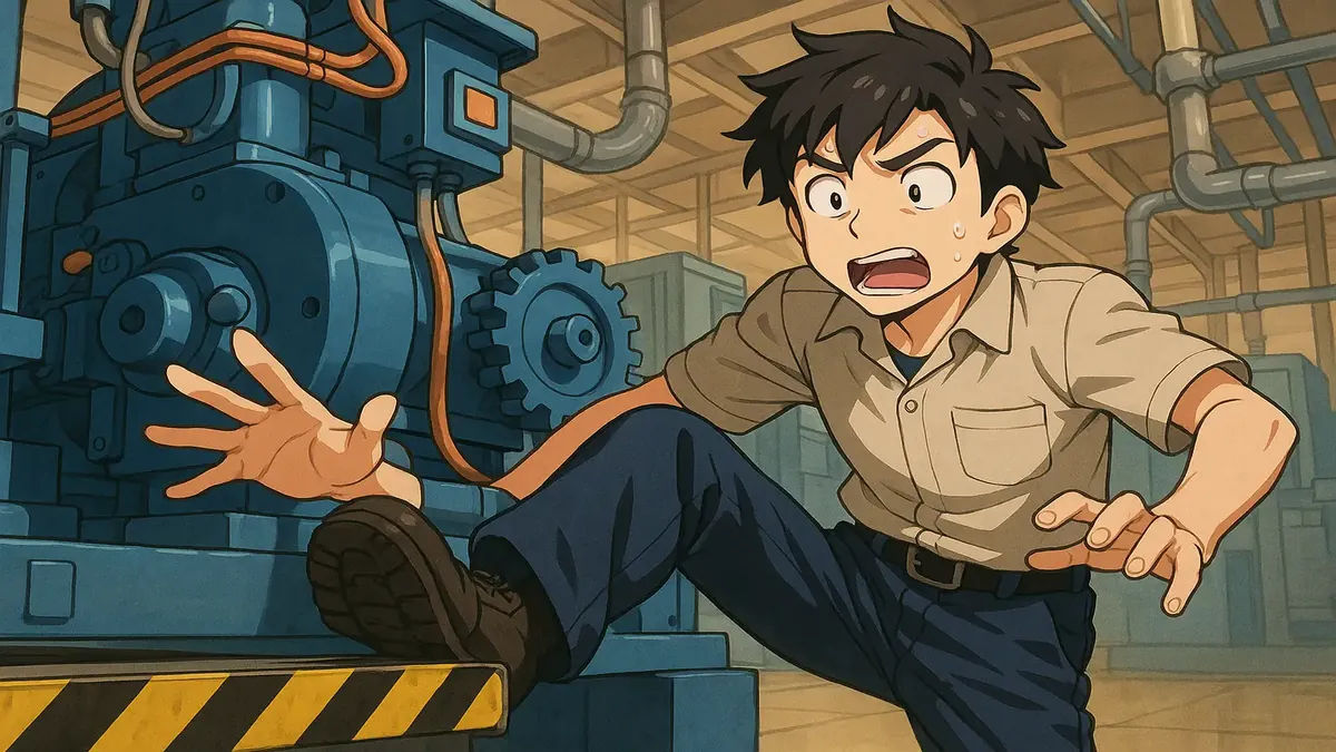Anime illustration of a worker navigating mechanical equipment in a factory setting, highlighting challenges and problem-solving.