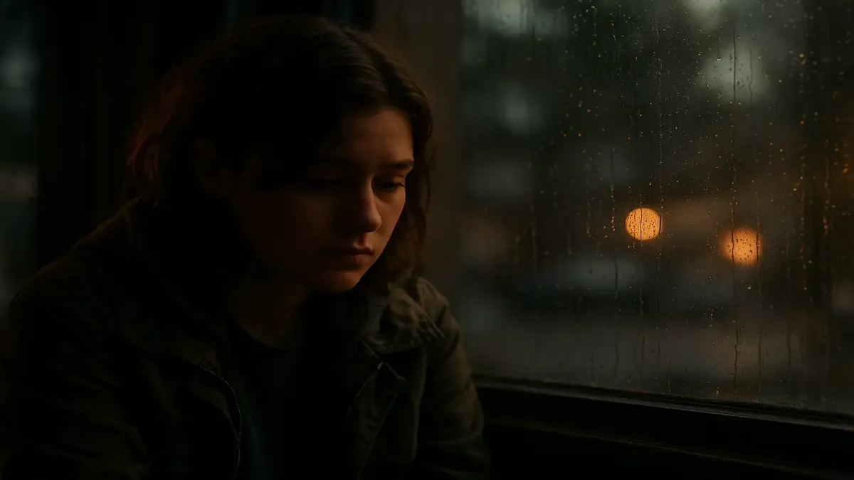 Ilustración cinematográfica de una persona con el corazón roto reflexionando sobre su ruptura y la cancelación de internet.