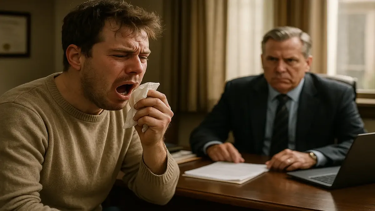 Sick employee at work with allergies, confronting a boss in a restaurant setting, showcasing power dynamics.