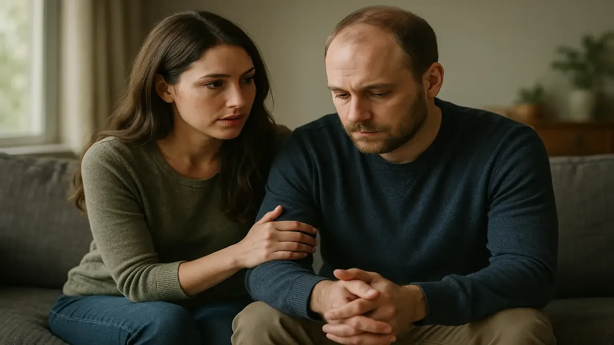 Mujer preocupada enviando mensajes sobre la salud de su novio y problemas pasados, reflexionando sobre su relación.