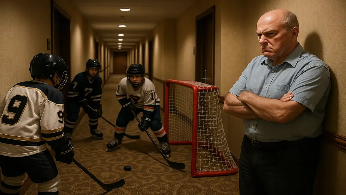 Kids playing hallway hockey during a chaotic weekend at a hotel, causing frustration for guests.