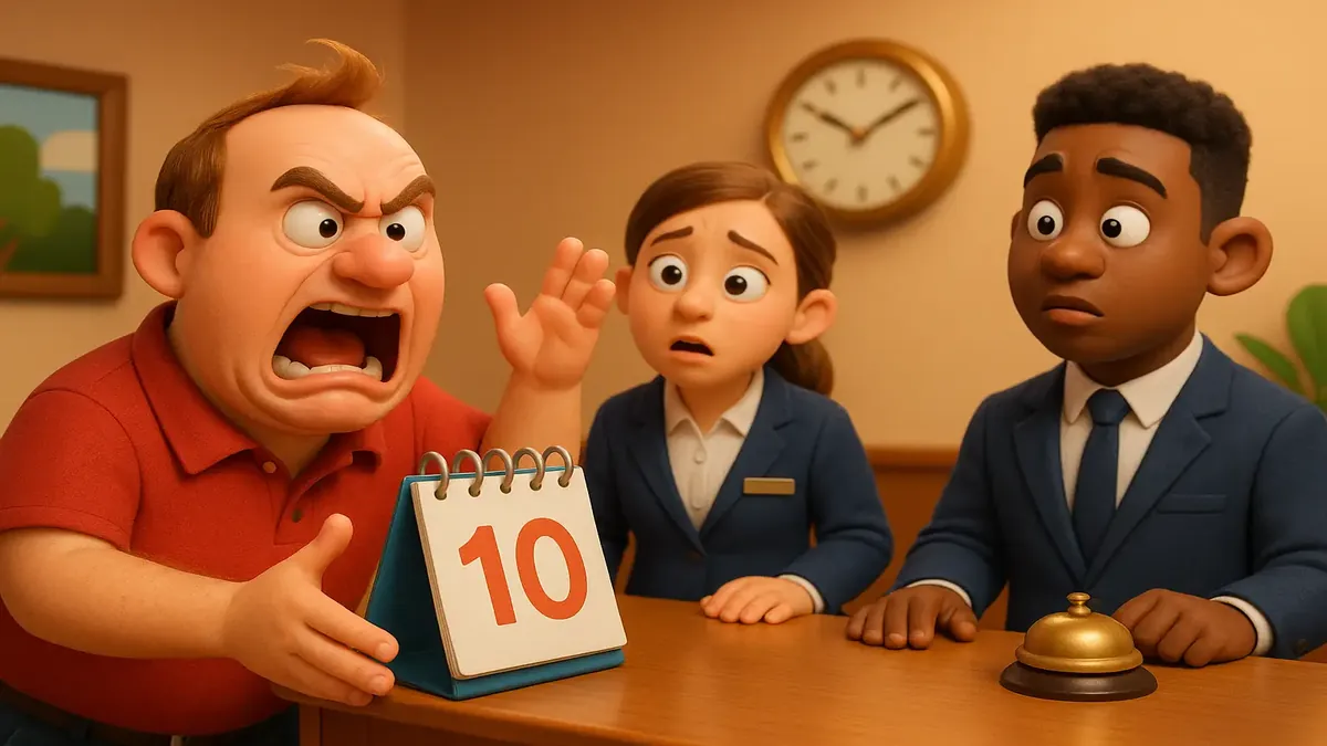 Cartoon-style illustration of a frustrated hotel guest arguing over a reservation misunderstanding at the front desk.