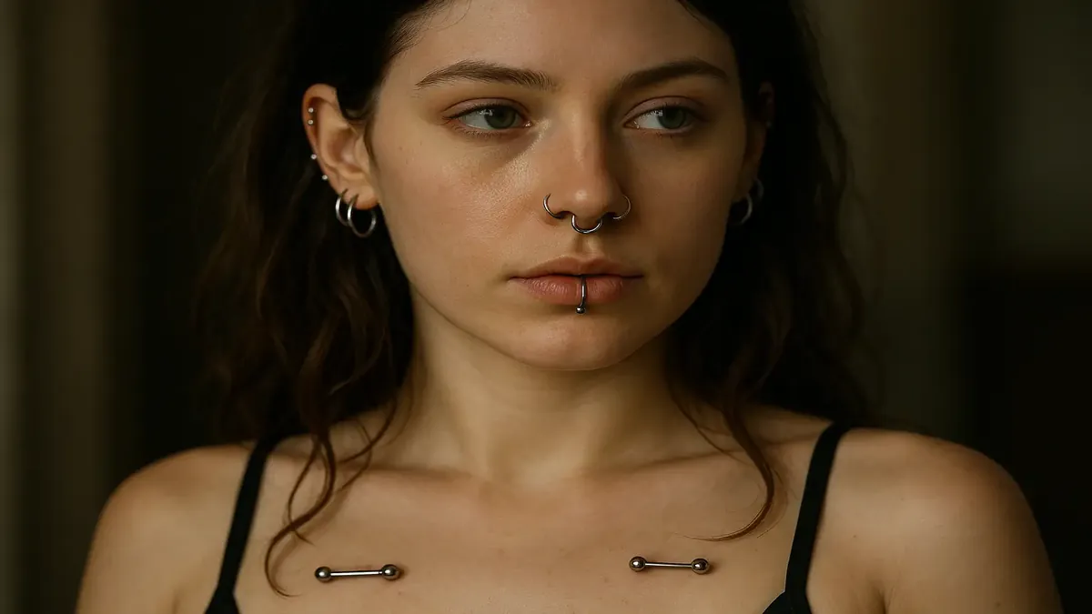 Primer plano de piercings corporales, incluyendo un aro en el labio y aretes, que representan expresión personal y estilo.