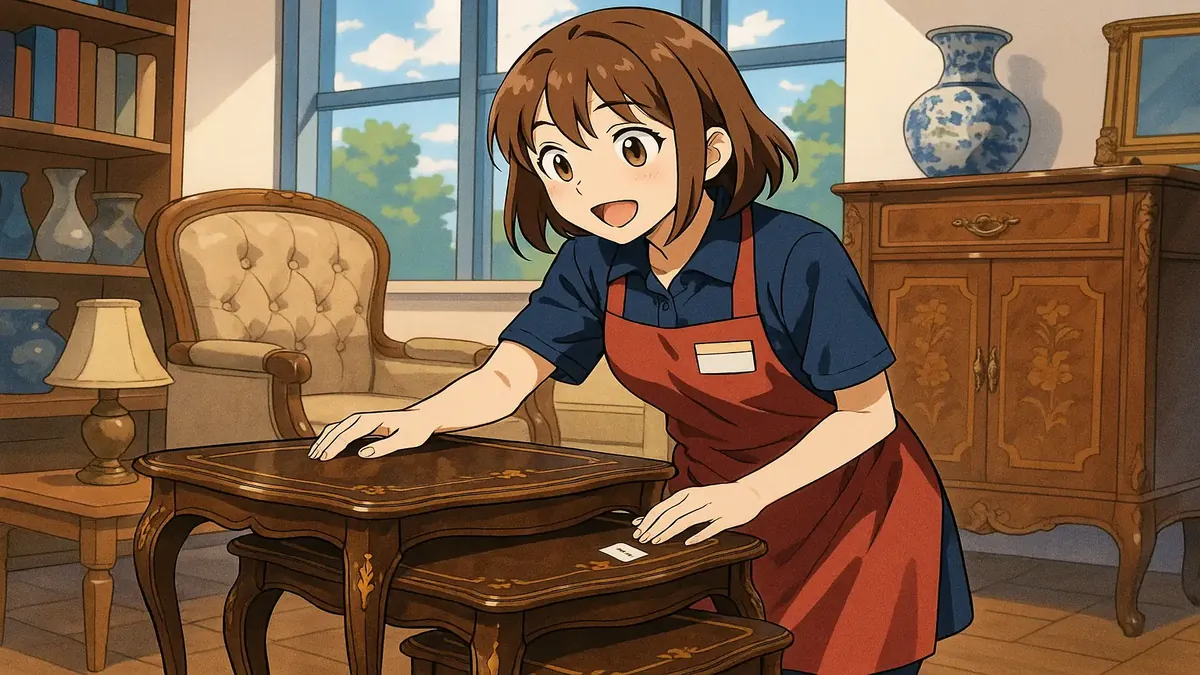Anime-style illustration of beautiful antique nesting tables in a charity store setting.