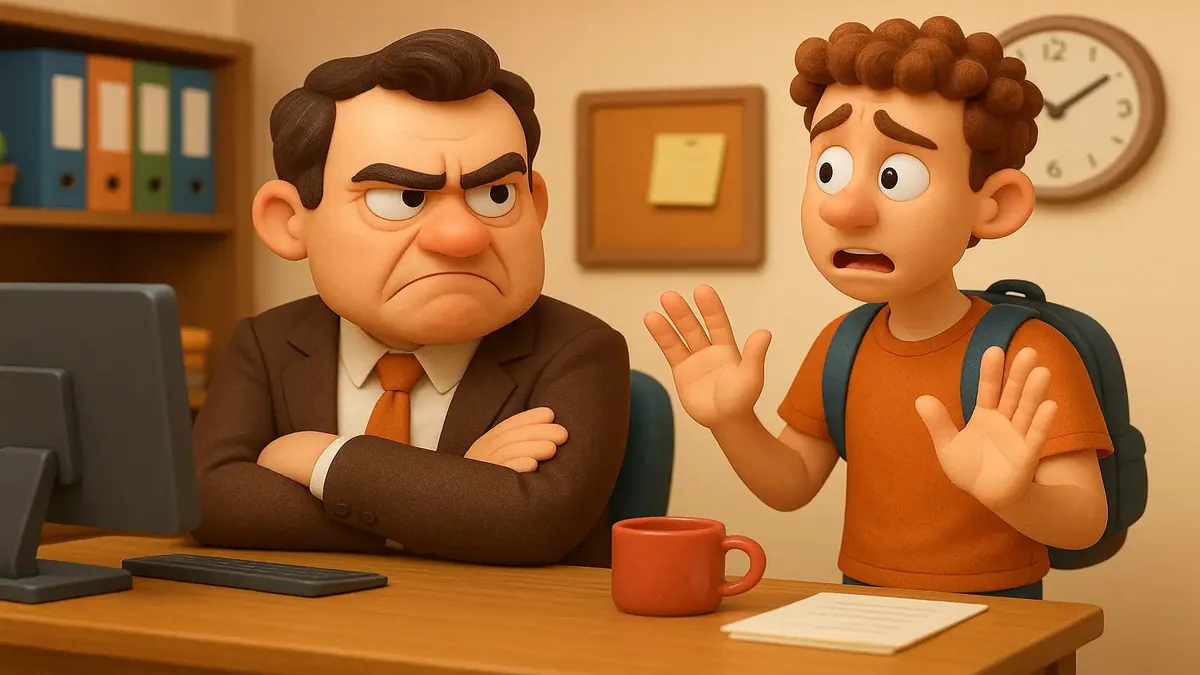 Frustrated employer cartoon showing new hires with busy schedules and absences in a chaotic workplace.