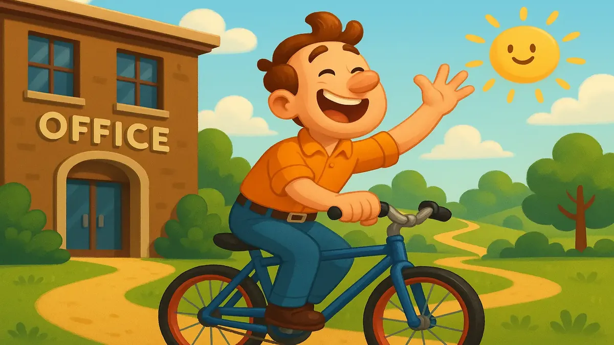 Cartoon 3D illustration of a cyclist enjoying a scenic route by a river, representing remote work freedom.