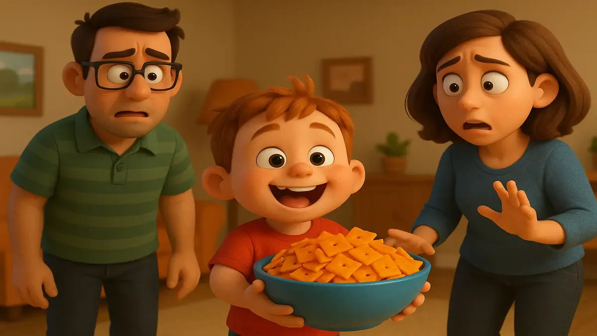 Niño travieso robando Cheez-Its de la cocina, estilo cartoon-3D, momento familiar divertido capturado.