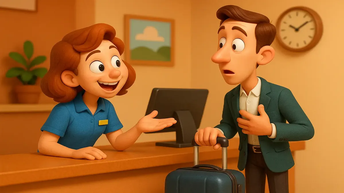 Ilustración en 3D estilo caricatura de una escena divertida de check-in en un hotel con un huésped confundido y un recepcionista alegre.