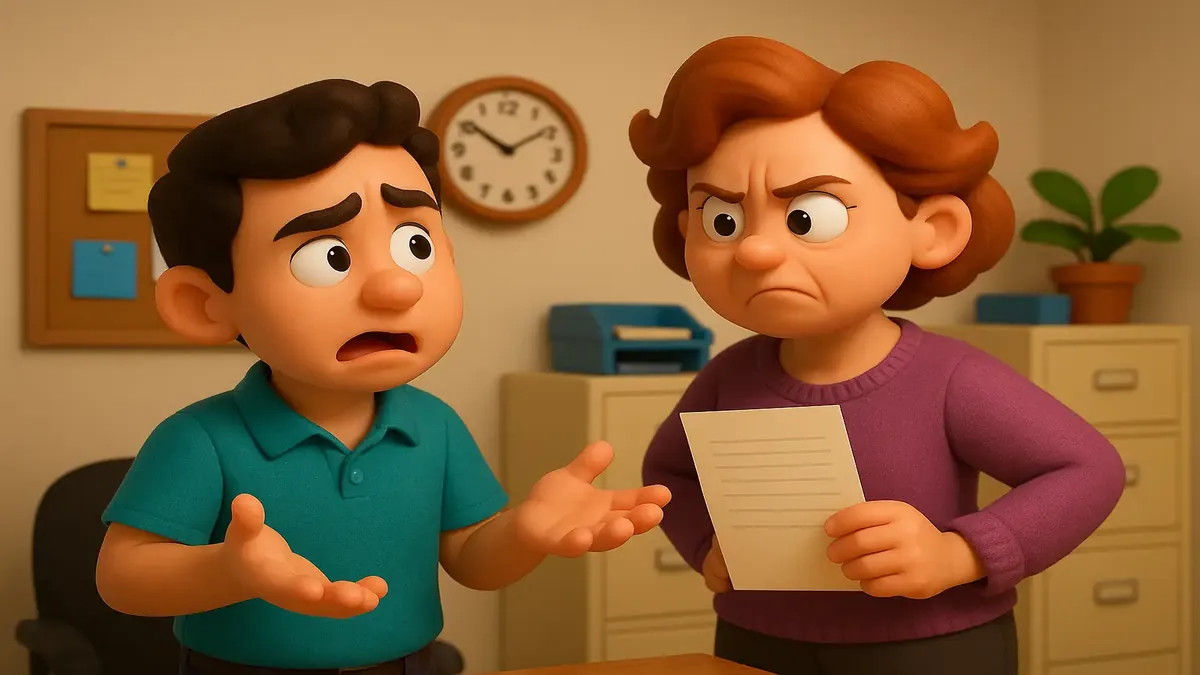 Ilustración 3D en caricatura de un empleado hispano en una divertida confusión laboral.