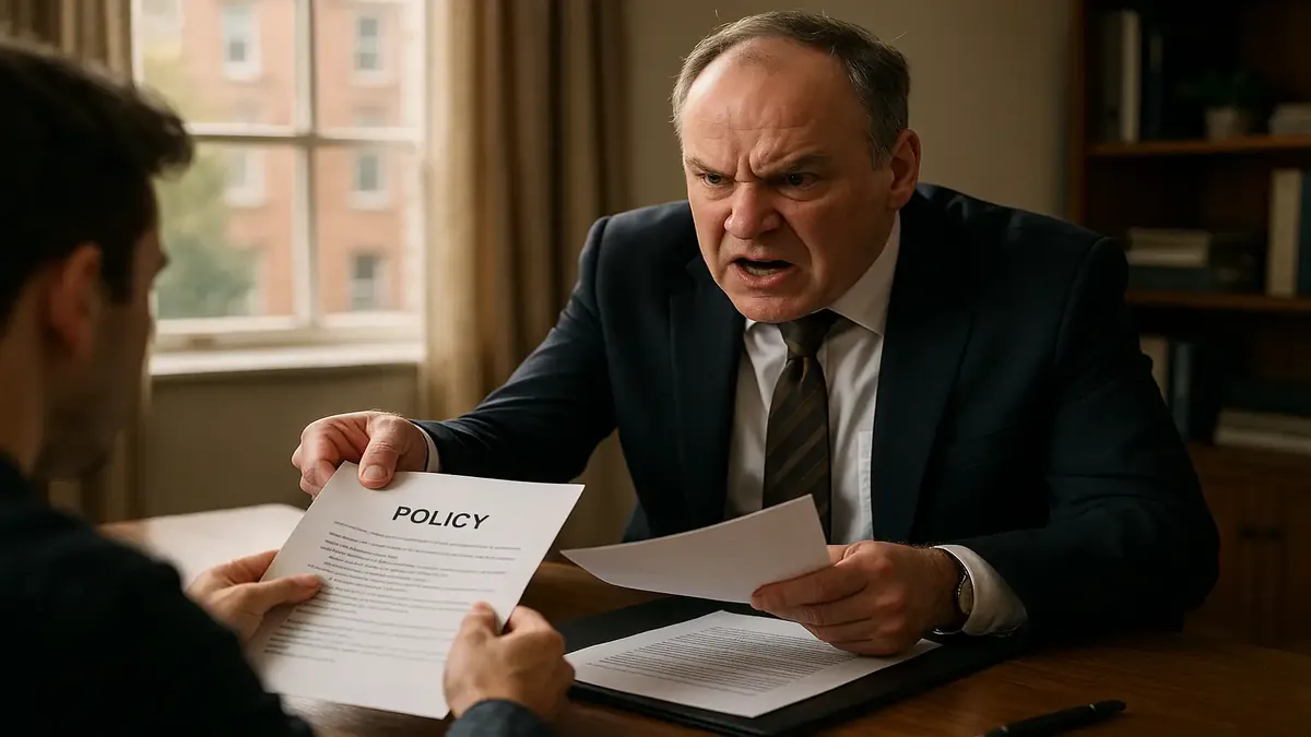 Empleado frustrado confronta a su jefe enojado por un reclamo de gastos denegado en una oficina.