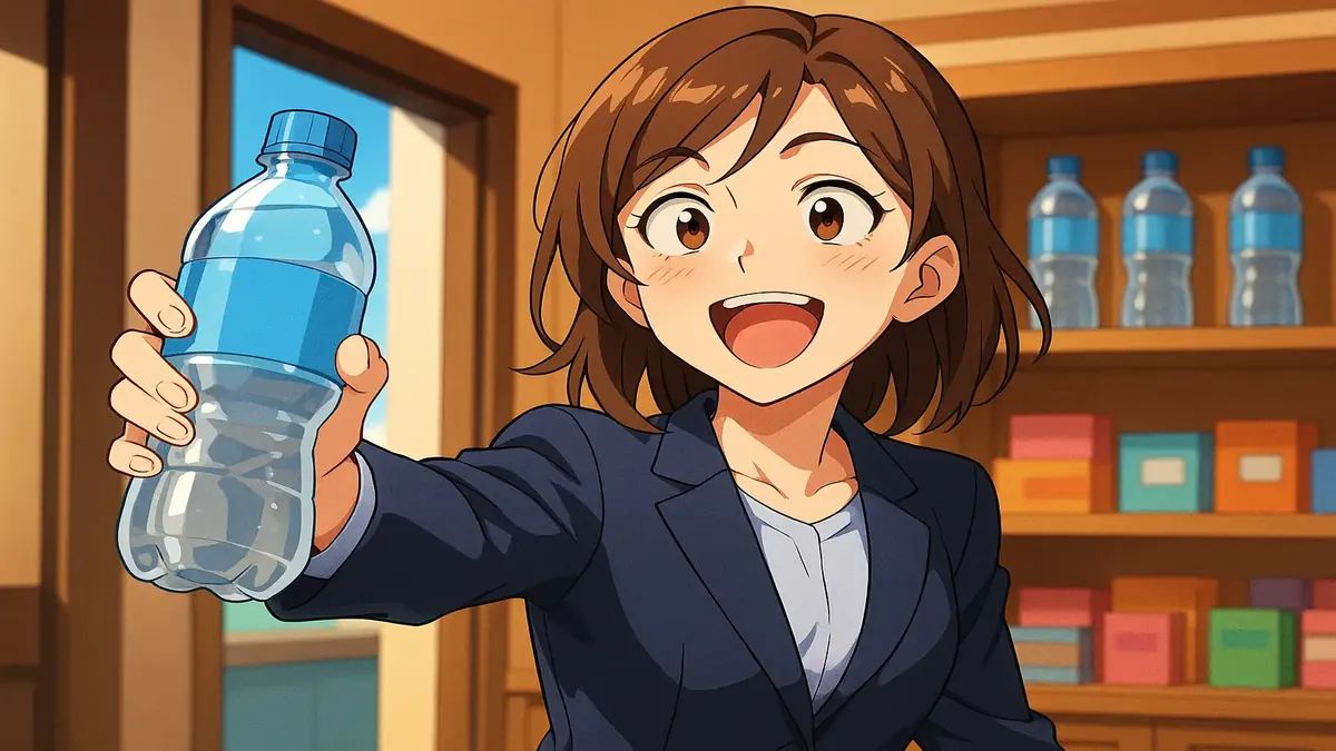 Imagen estilo anime que muestra un alegre vestíbulo de hotel con huéspedes explorando una tienda de regalos de autoescaneo con botellas de agua.