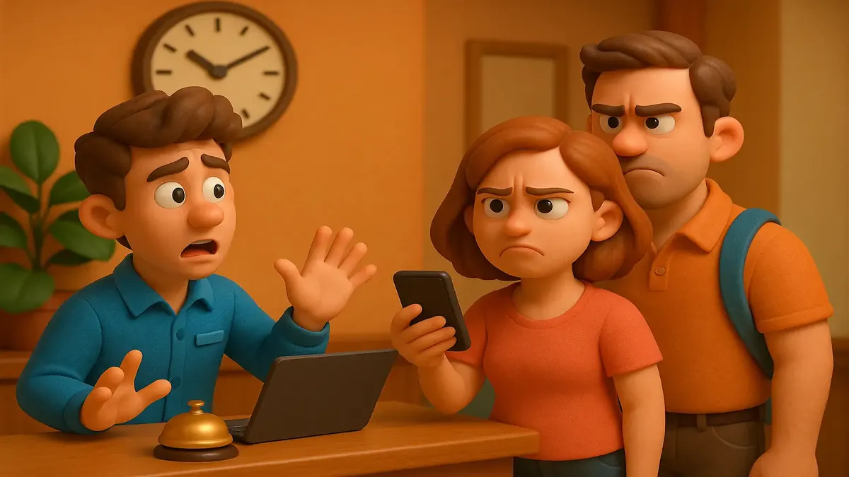 Ilustración en 3D de un gerente de hotel frustrado lidiando con huéspedes confundidos tras una reserva por terceros.