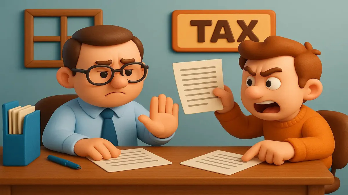 Ilustración 3D en caricatura de un contribuyente frustrado frente a un rechazo de la oficina de impuestos, simbolizando disputas de deducciones en Suiza.