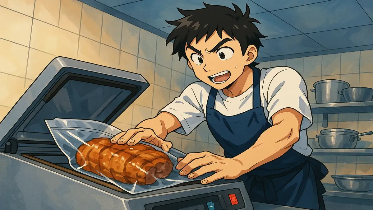 Ilustración de anime de un joven trabajador lavando platos en un resort, evocando nostalgia y recuerdos llenos de sabor.