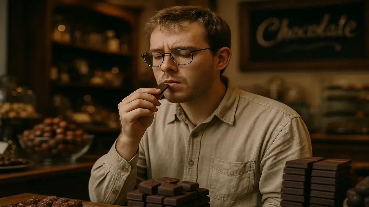Una representación fotorrealista de Kevin disfrutando en una fábrica de chocolate, rodeado de dulces y elementos fantásticos.