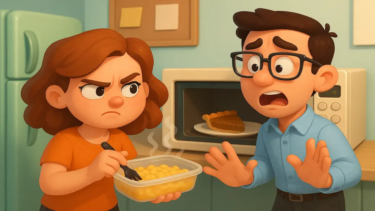 Ilustración 3D en caricatura de un microondas de oficina con sobras robadas y compañeros frustrados en una cocina compartida.