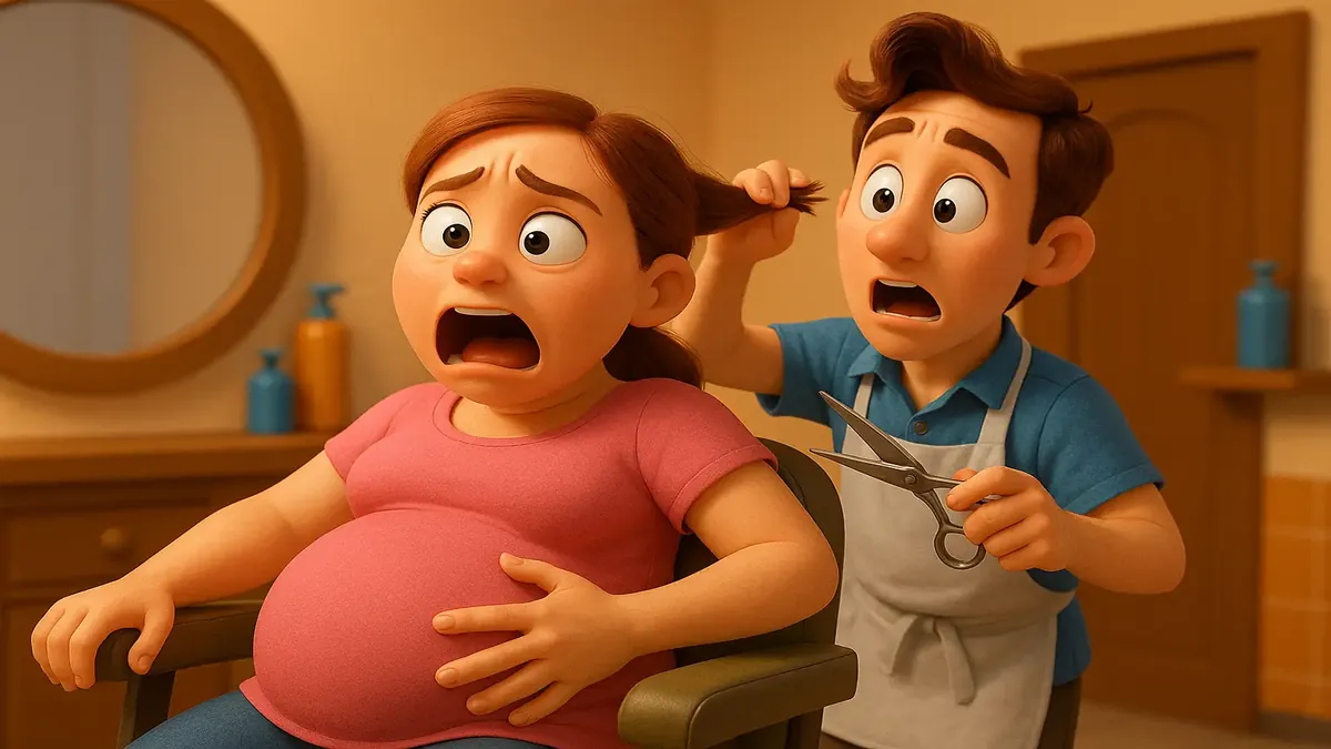 Ilustración en 3D de una mujer embarazada que contempla un corte de cabello antes del parto, reflejando un dilema humorístico.