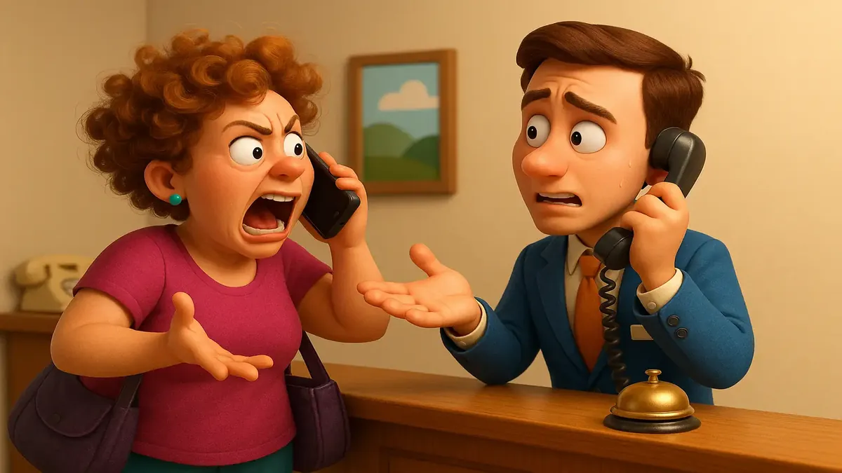 Ilustración estilo caricatura de un recepcionista de hotel frustrado atendiendo a un huésped exigente.