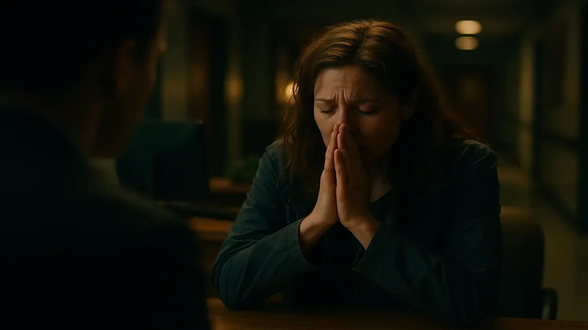 Escena de recepción nocturna con una mujer preocupada y un recepcionista en estilo cinematográfico.