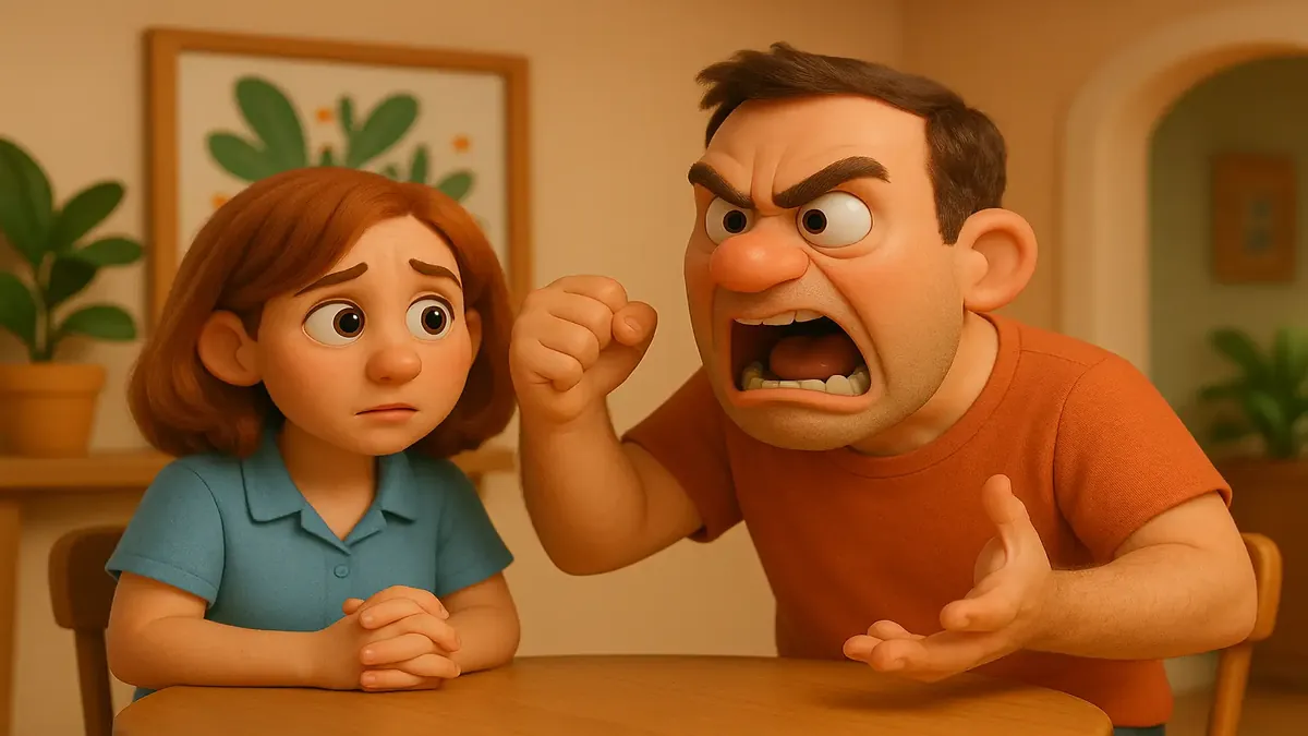 Ilustración en 3D de un huésped frustrado recibiendo artículos inesperados en un retiro de bienestar.